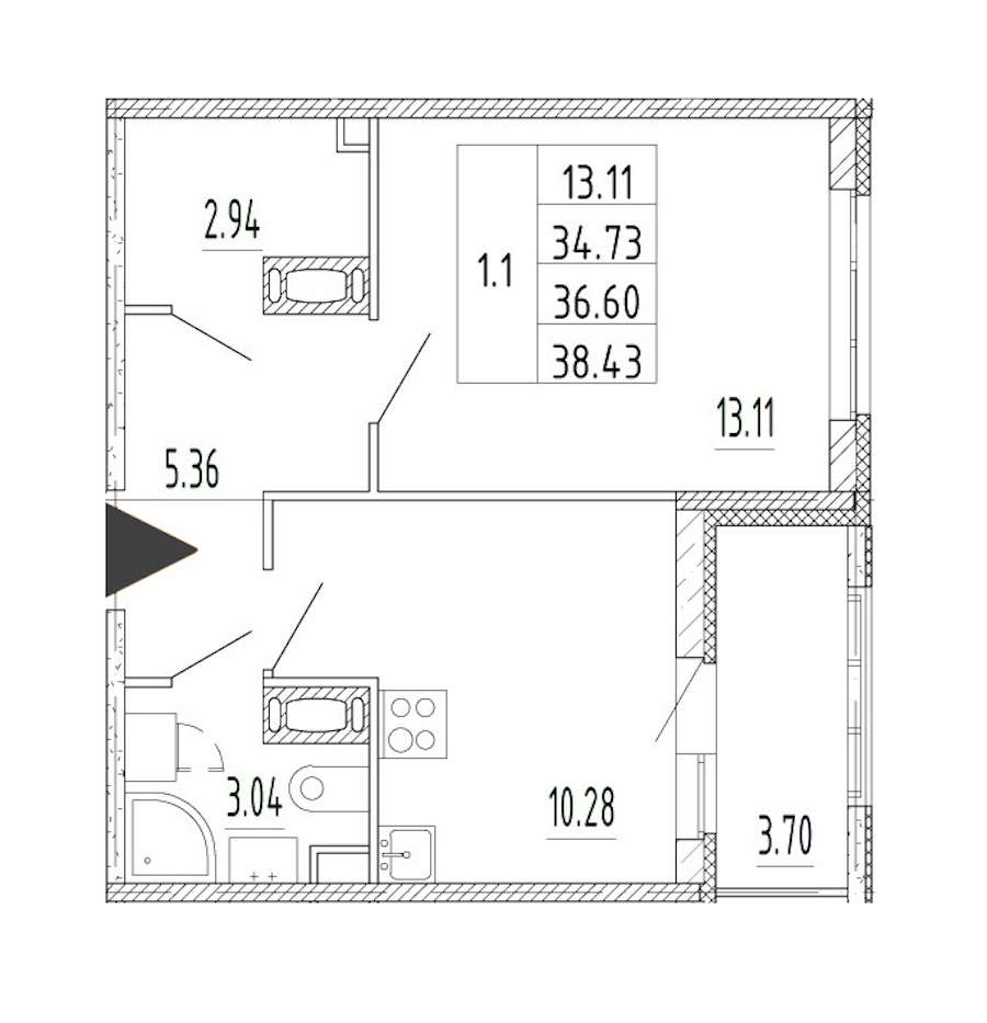 1-комнатная квартира 34.73 м², 13/13 эт., ЖК «Полис Приморский 2»